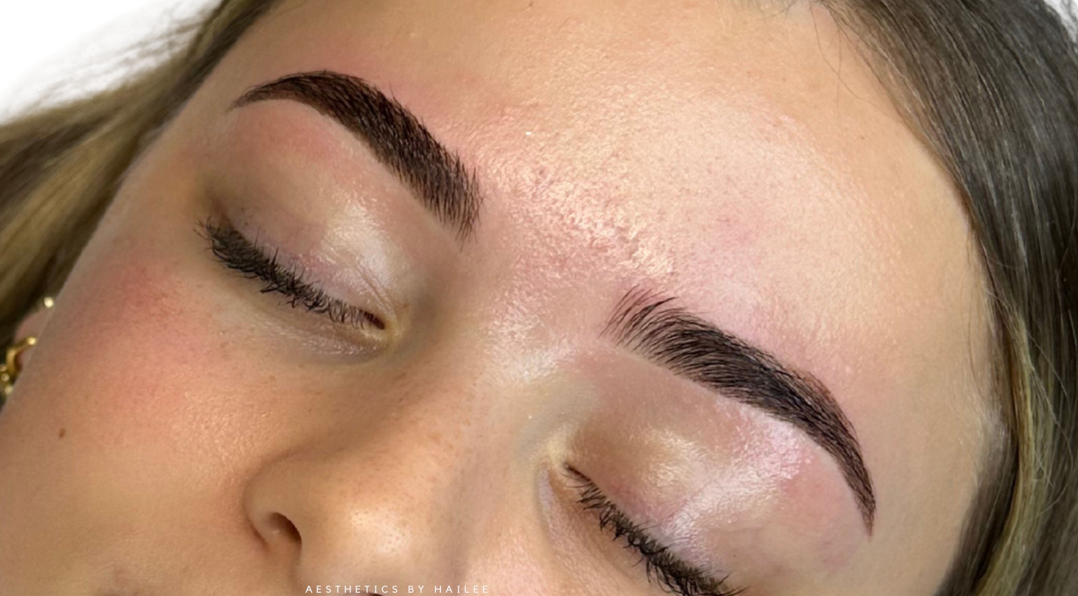 Close-up of microbladed brows at Aesthetics By Hailee, Red Beach, Auckland, NZ.