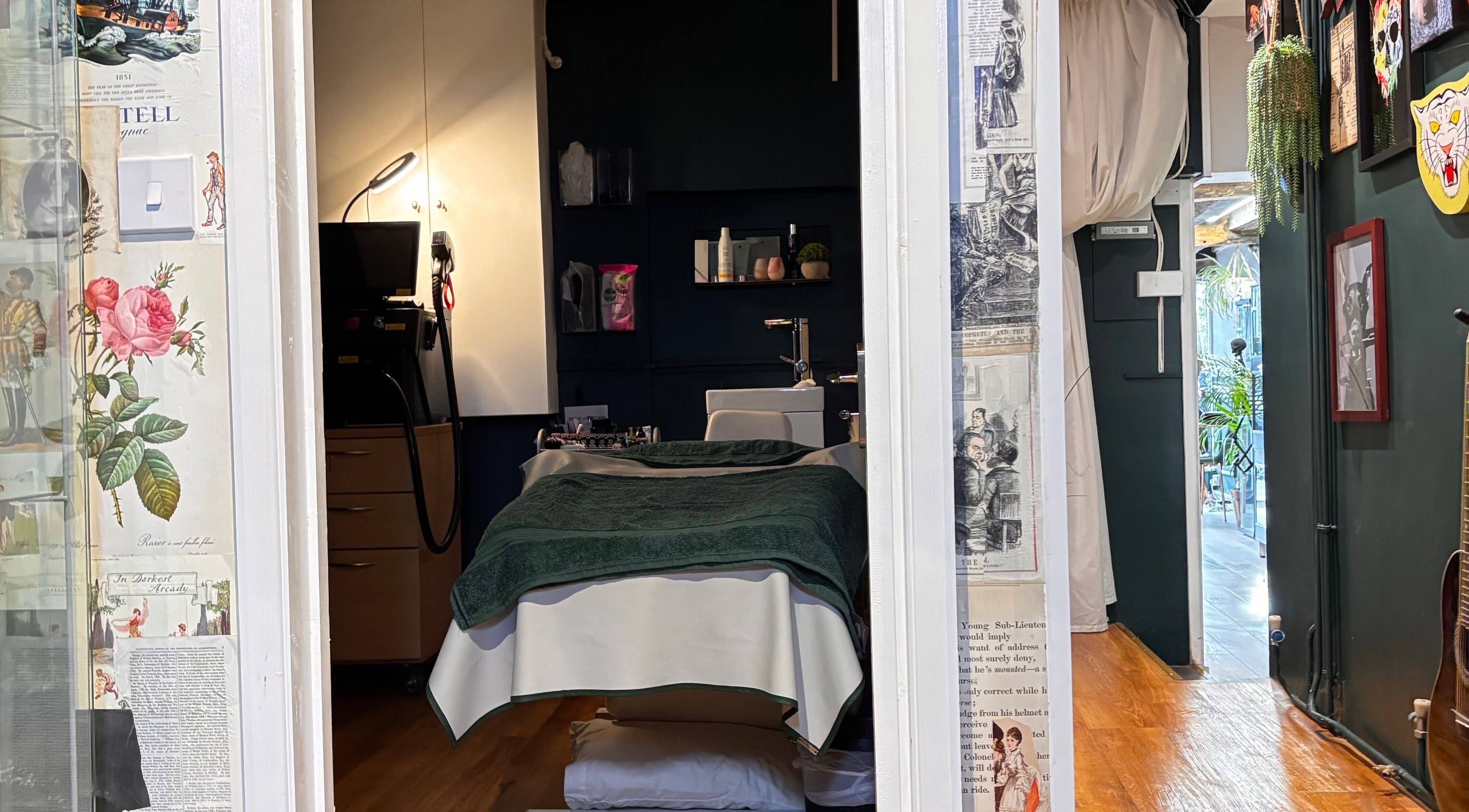 Cozy treatment room at Spoilt Beauty in Coggeshall Essex, featuring a plush bed and modern decor. Located in Coggeshall, England, GB.