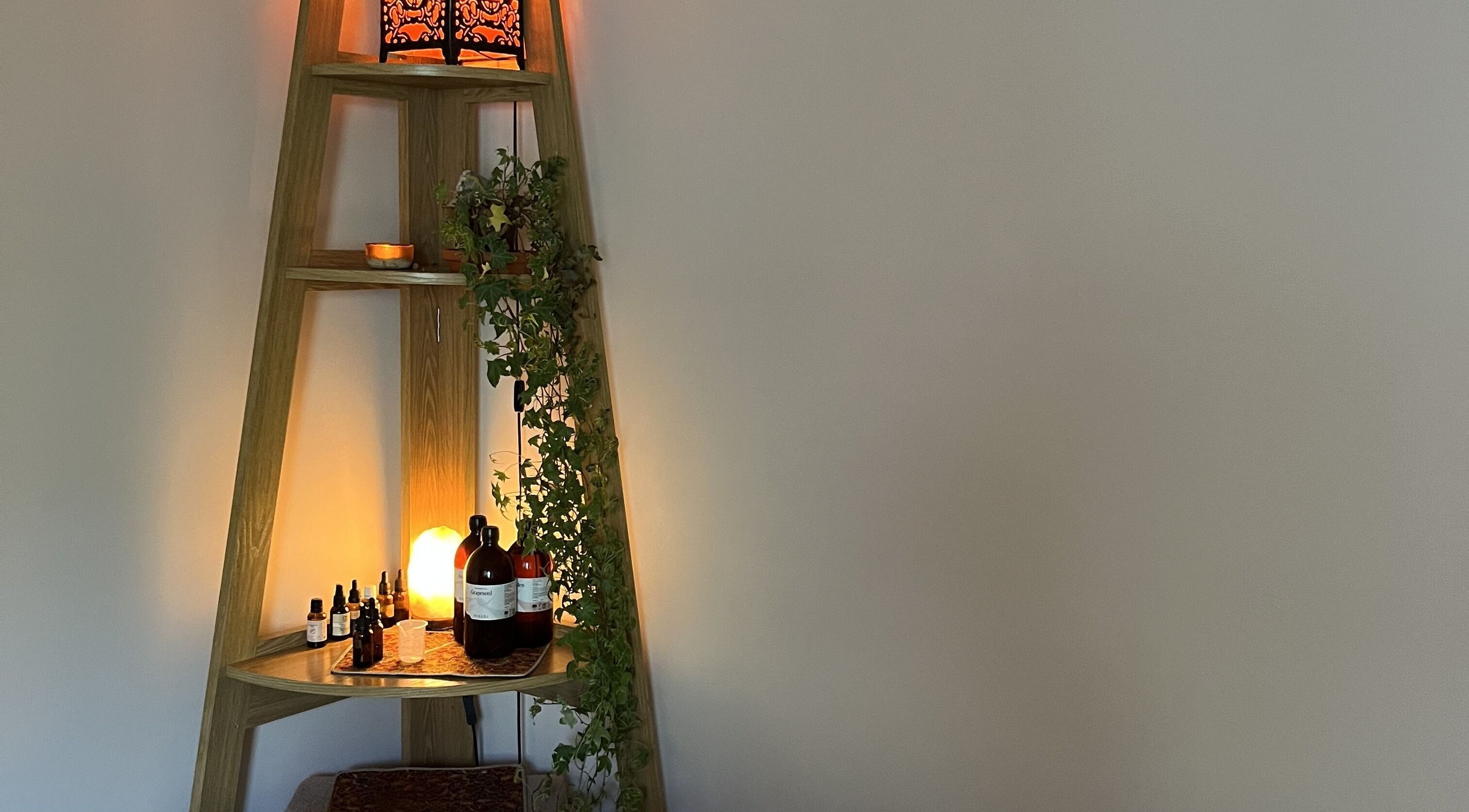 Calming corner shelf with bottles and plants at The Chalet / Seeds Of Change, St Davids, Wales, GB.