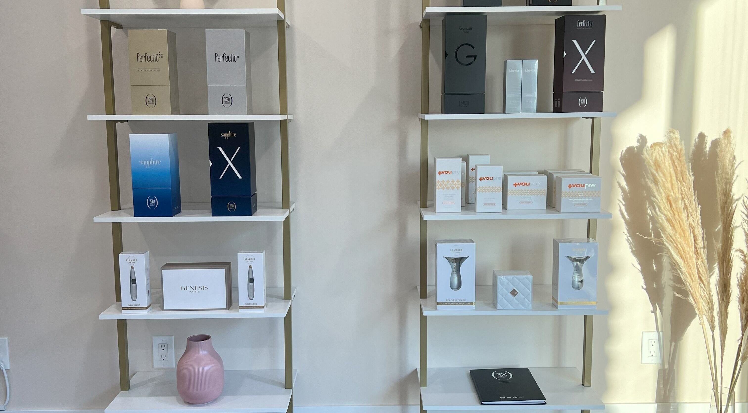 Elegant product display shelves at Oasis Aesthetics Spa - St Mary's in Winnipeg, Manitoba, CA.