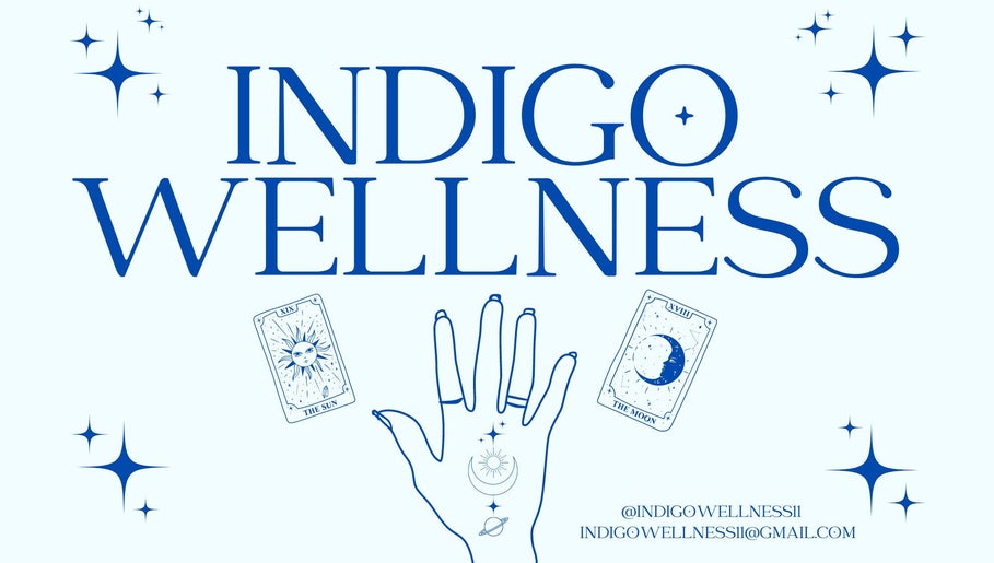 Indigo Wellness logo with tarot cards in Falmouth, England, GB.