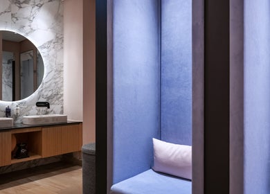 Modern spa interior at SENSASIA - Emirates Golf Club, Dubai, Dubai, AE, with marble details and calming blue tones.
