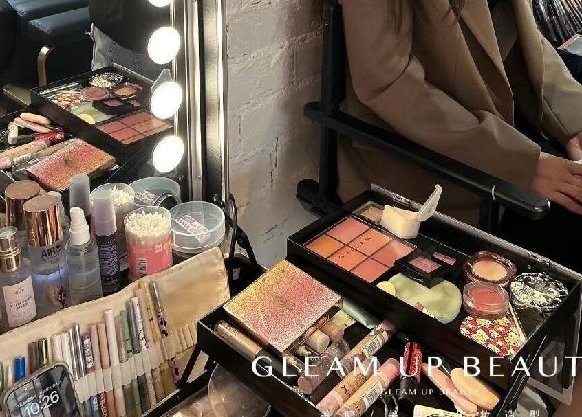 Makeup station at Gleam Up Beauty in Glen Waverley, Victoria, AU, showcasing beauty products and tools.