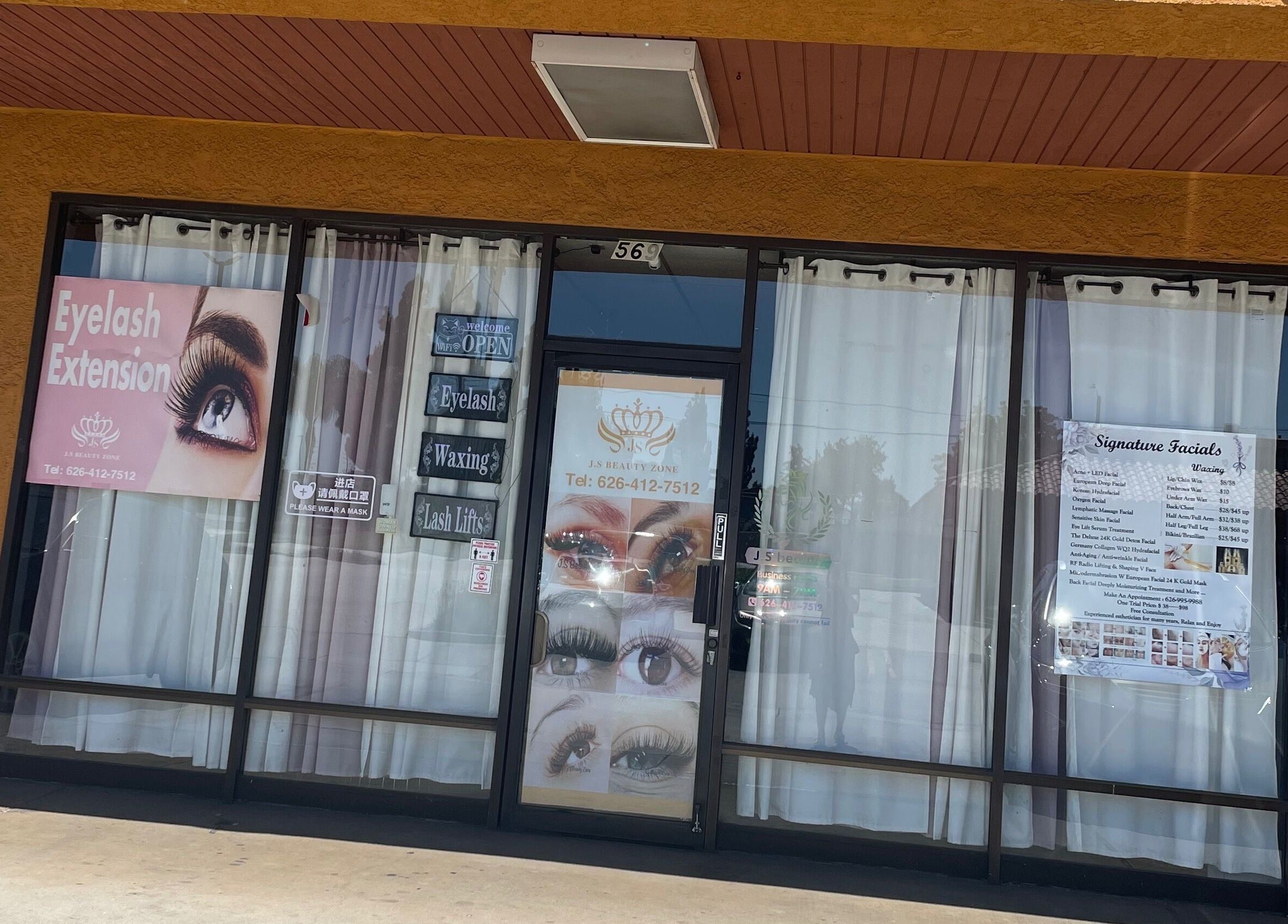 Front view of J.S beauty zone in Covina, California, US offering eyelash extensions and facials.