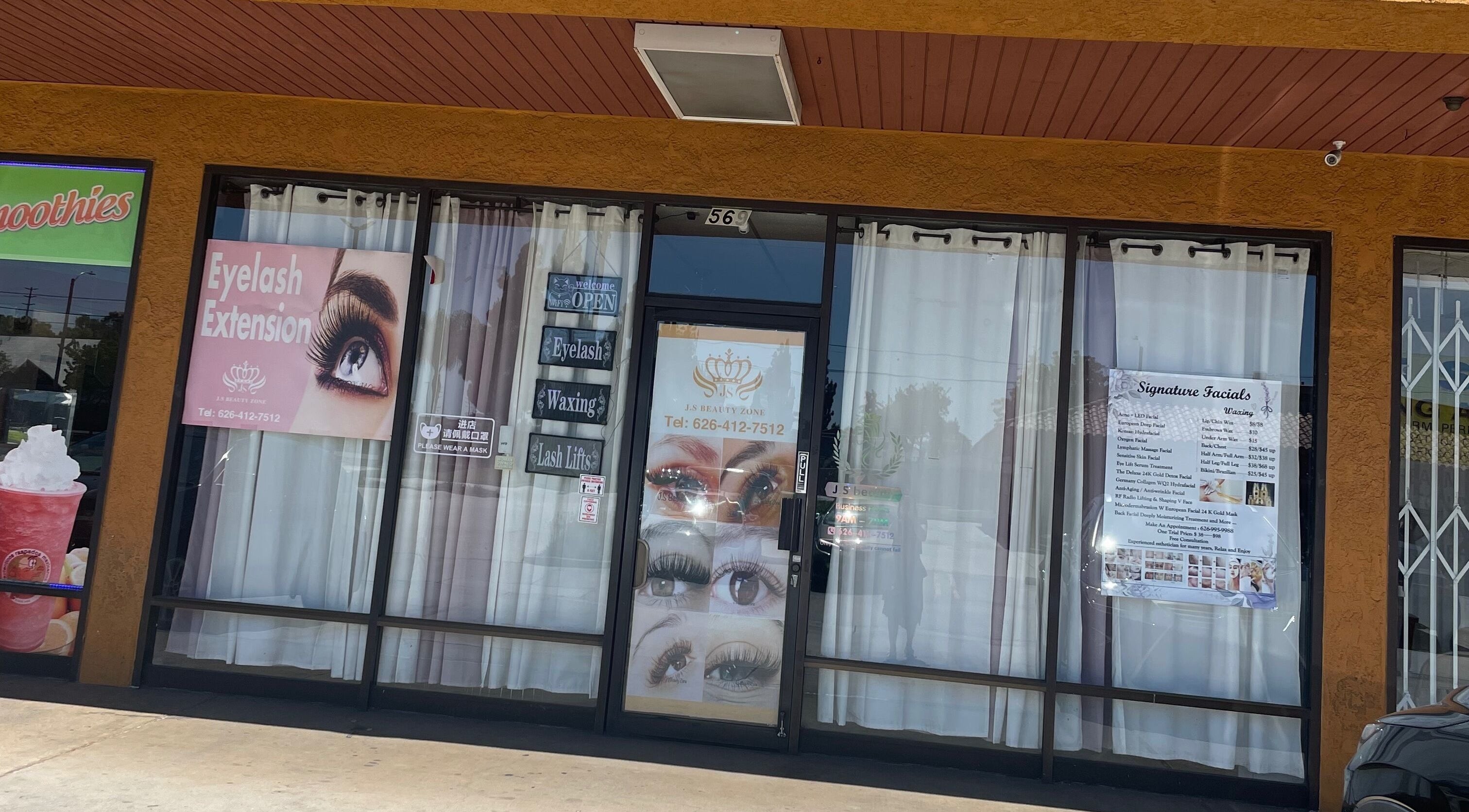 Front view of J.S beauty zone in Covina, California, US offering eyelash extensions and facials.