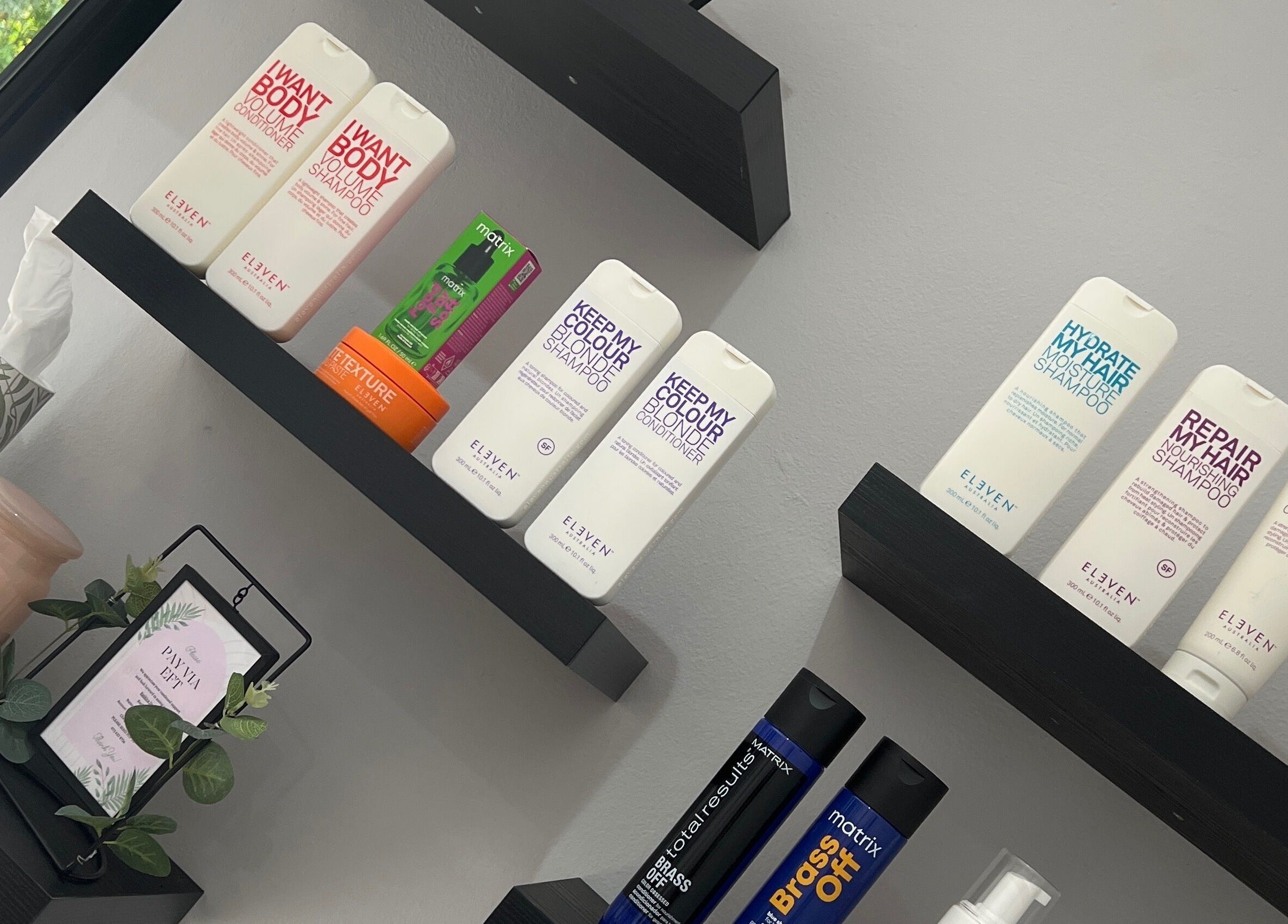 Haircare products on shelves at Hair Vogue Salon, Hillcrest, Kwazulu-natal, ZA.