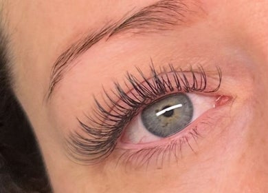 Close-up of eye with beautifully enhanced lashes at By Megan, Paisley, Scotland, GB.