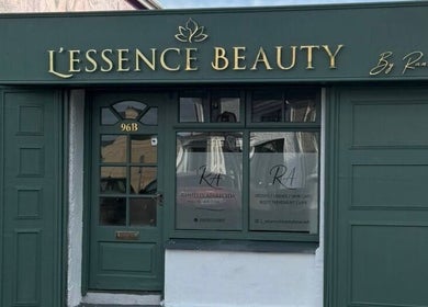 Front view of L’essence Beauty By Ranielly, Waterford, County Waterford. Elegant green entrance with gold lettering.