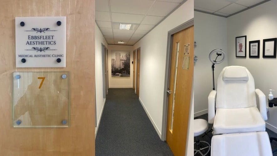 Ebbsfleet Aesthetics entrance and treatment room in Northfleet, England, GB, showcasing inviting interiors.
