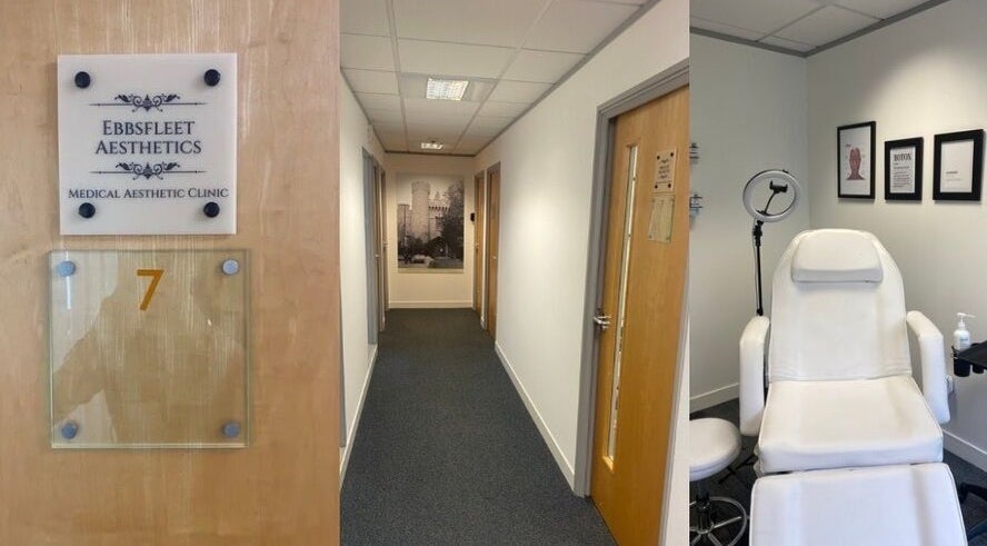 Ebbsfleet Aesthetics entrance and treatment room in Northfleet, England, GB, showcasing inviting interiors.