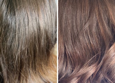 Before and after hair treatment at Iliana’s Hair Salon in Chineham, England, GB showing vibrant, healthy shine.