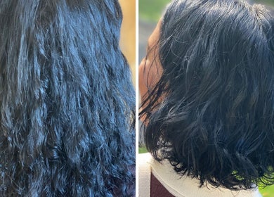Before and after of wavy hair makeover at Iliana’s Hair Salon, Chineham, England, GB.