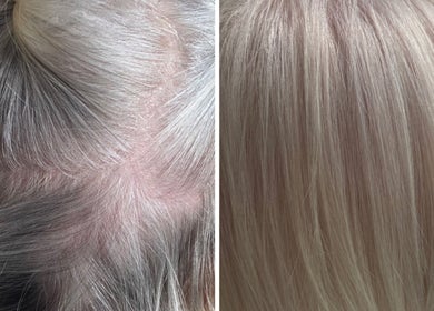 Before and after hair color transformation at Iliana’s Hair Salon, Chineham, England, GB, showcasing vibrant results.