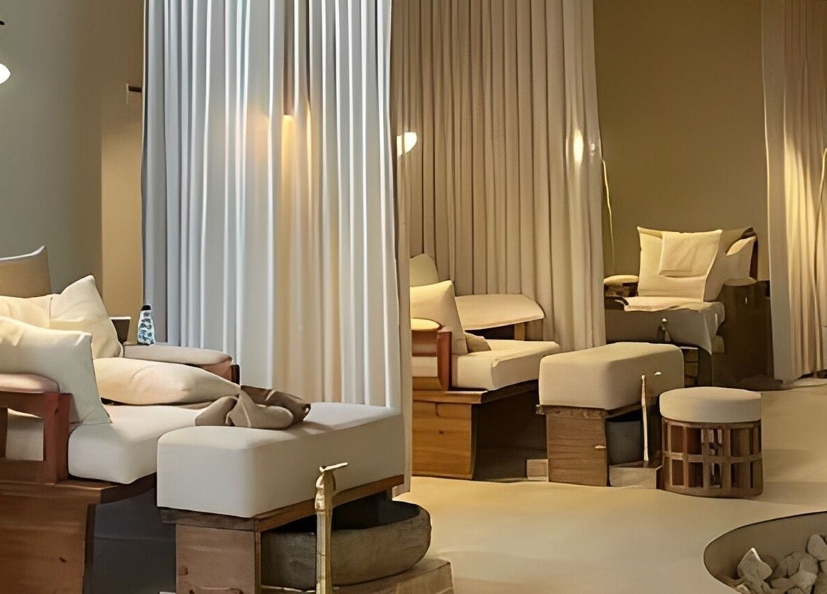 Relaxing spa loungers with white curtains at Kedhab Spa I خضاب سبا in Riyadh, Riyadh Province, SA.