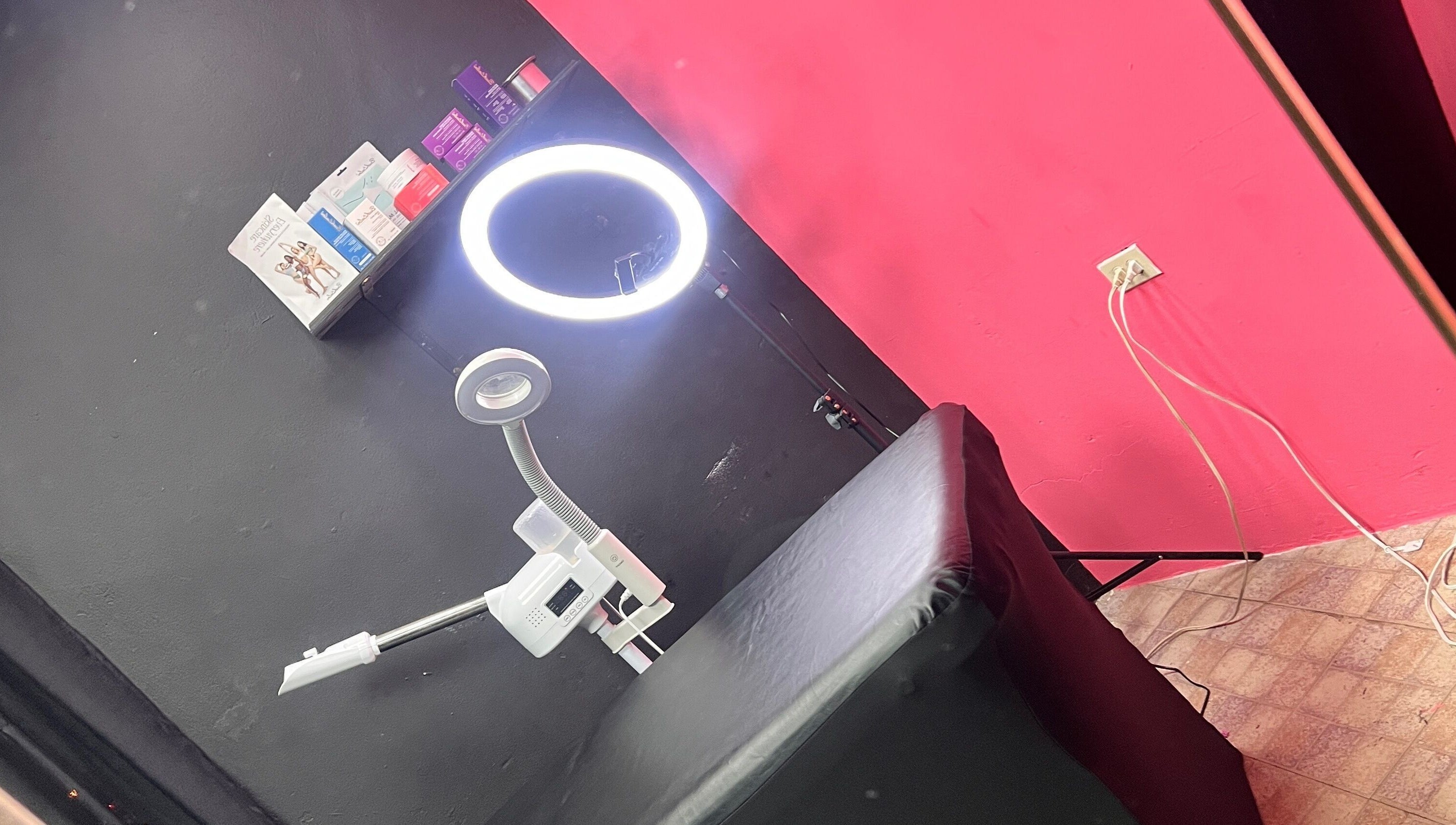 Beauty setup at Tsparadise, San Juan, San Juan-laventille Regional Corporation, TT with ring light and tools.