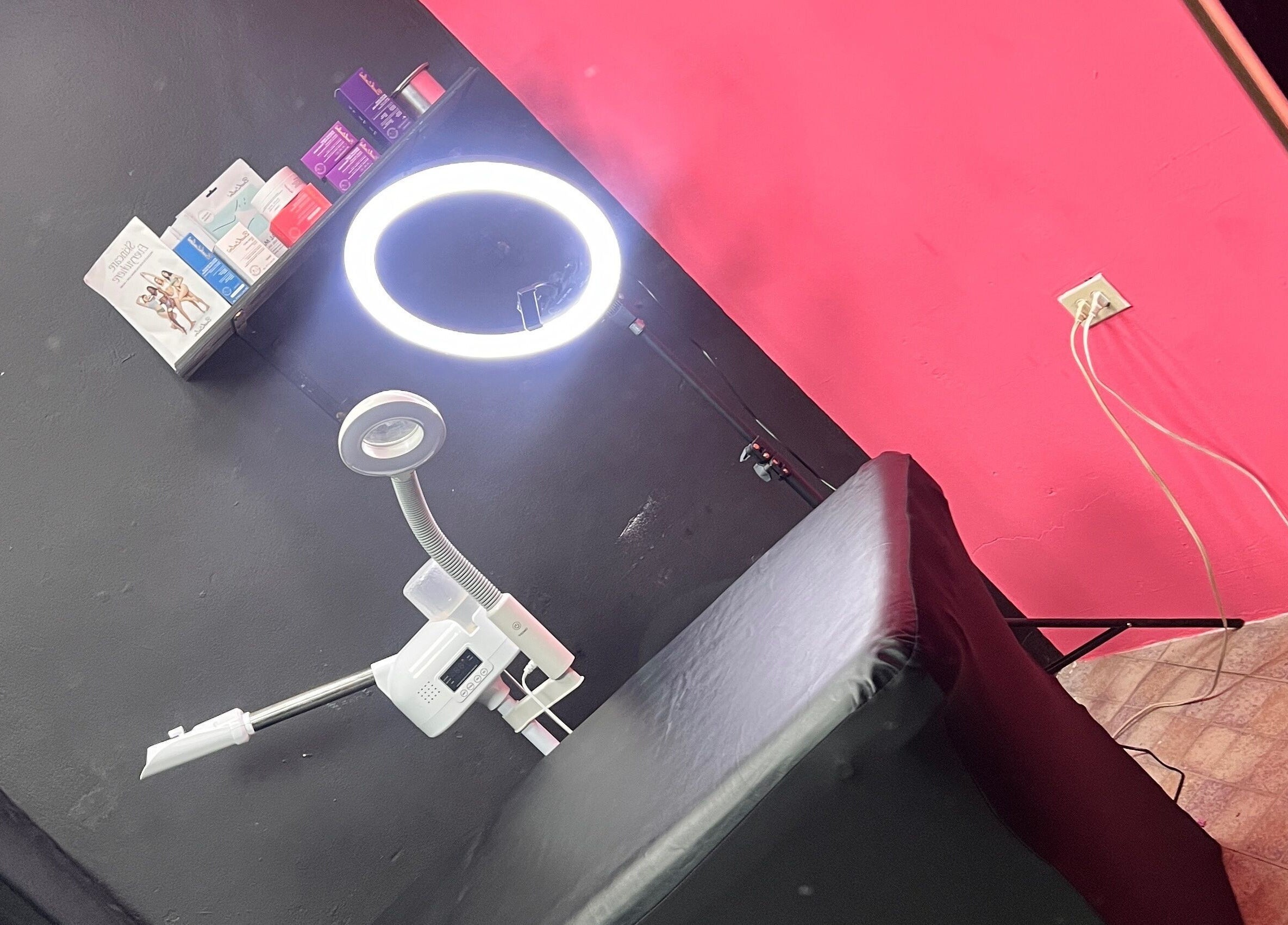 Beauty setup at Tsparadise, San Juan, San Juan-laventille Regional Corporation, TT with ring light and tools.