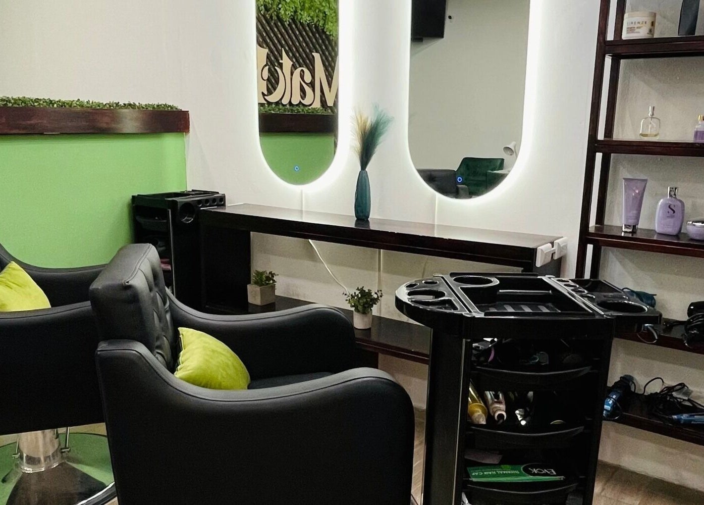 Interior moderno de Match-a Beauty en Ciudad De Guatemala, Guatemala, GT. Sillas de diseño y estantes elegantes.