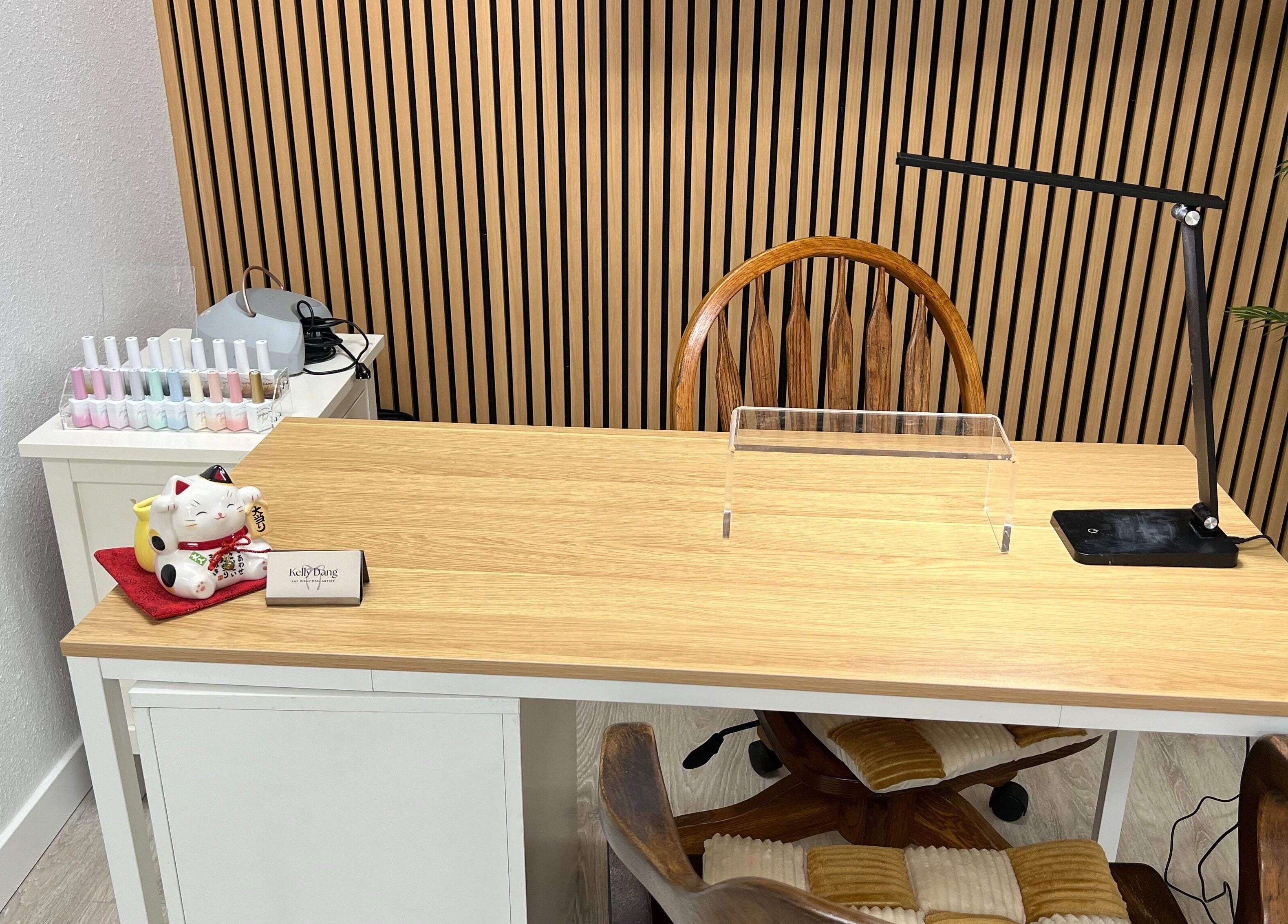 Elegant nail station at Nails by Kelly in San Diego, California, US, featuring modern decor and manicure tools.