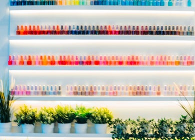 Colorful nail polish display at Robson Nails & Spa in Vancouver, British Columbia, CA.