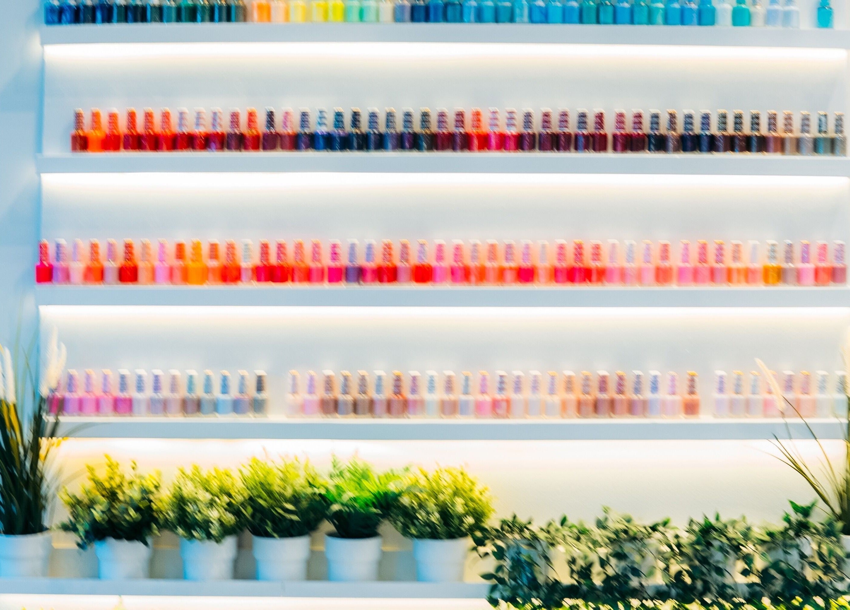 Colorful nail polish display at Robson Nails & Spa in Vancouver, British Columbia, CA.