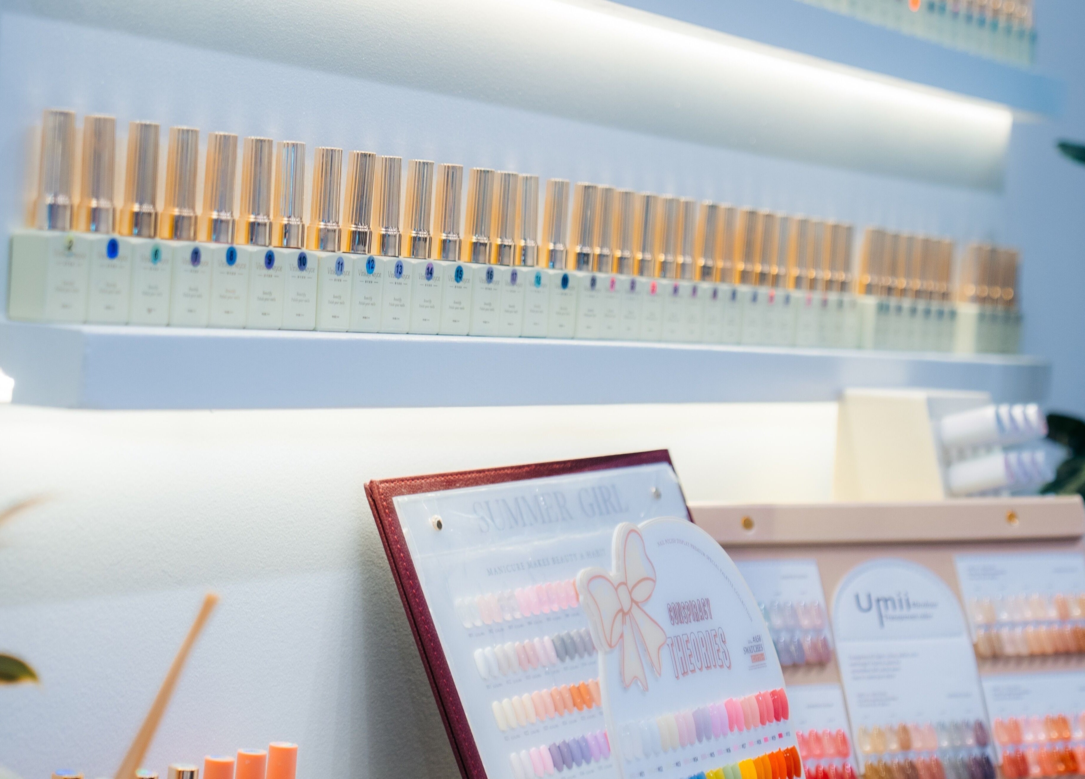 Vibrant nail polish collection at Robson Nails & Spa in Vancouver, British Columbia, CA.