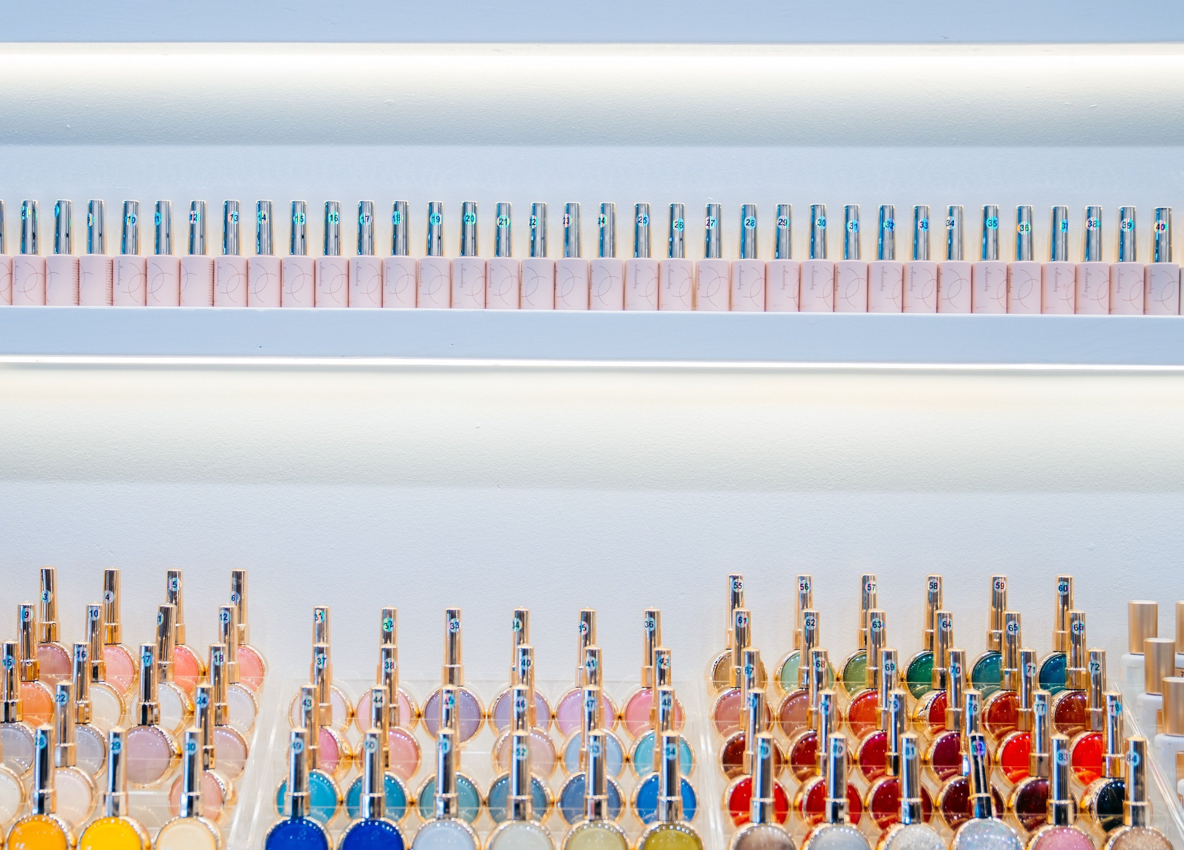 Colorful nail polish display at Robson Nails & Spa, Vancouver, British Columbia, CA.