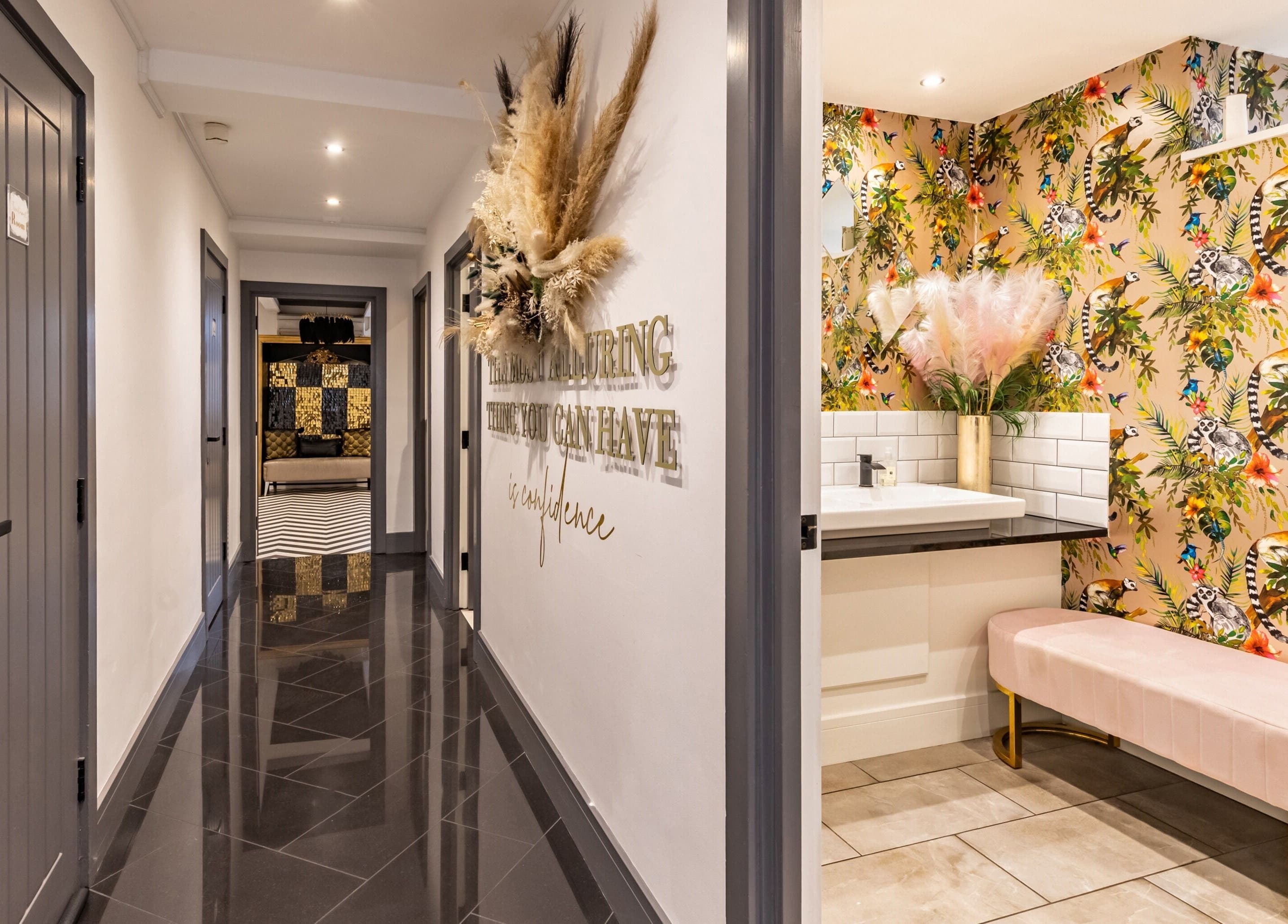 Bright hallway at Maria Charles Aesthetics Crawley with vibrant decor in Crawley, England, GB.