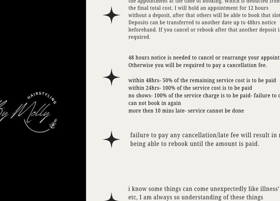 Booking policy details for HairByMollyLegge in Hebburn, England, GB.