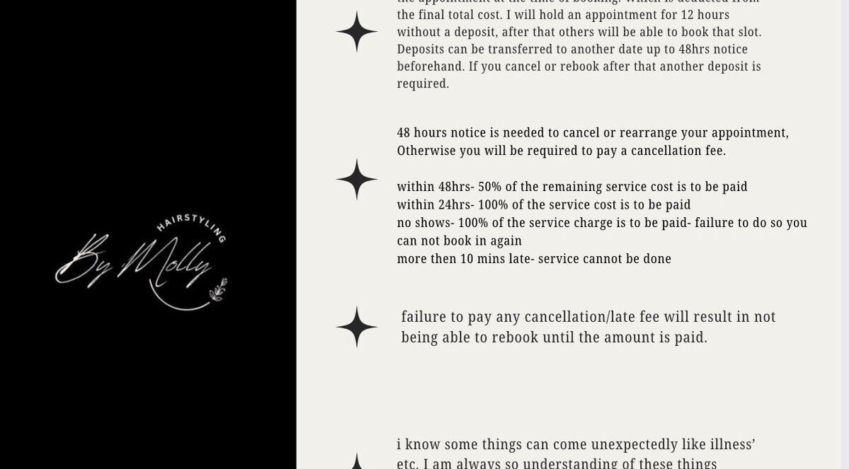 Booking policy details for HairByMollyLegge in Hebburn, England, GB.