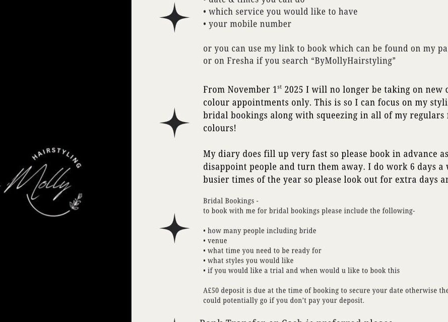 Booking details and logo for HairByMollyLegge in Hebburn, England, GB.