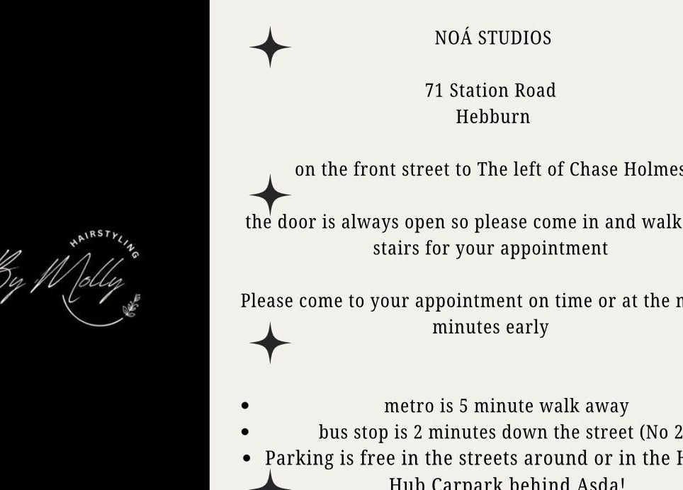 Entrance details for HairByMollyLegge at NOÁ Studios, Hebburn, England, GB.