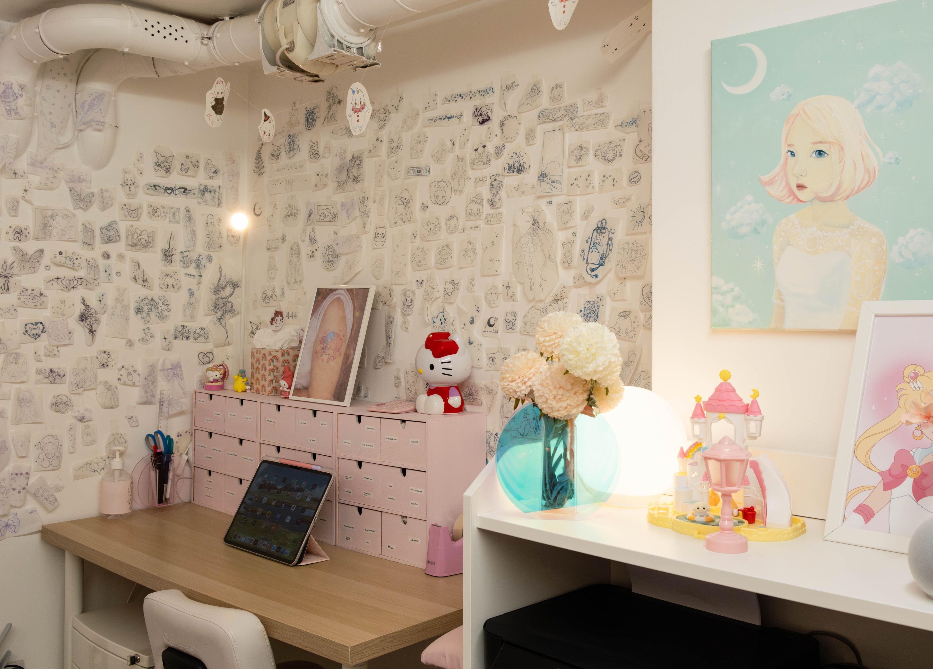 Whimsical decor in My Cherie Studio, London, England, GB, with art and collectibles creating a charming ambiance.