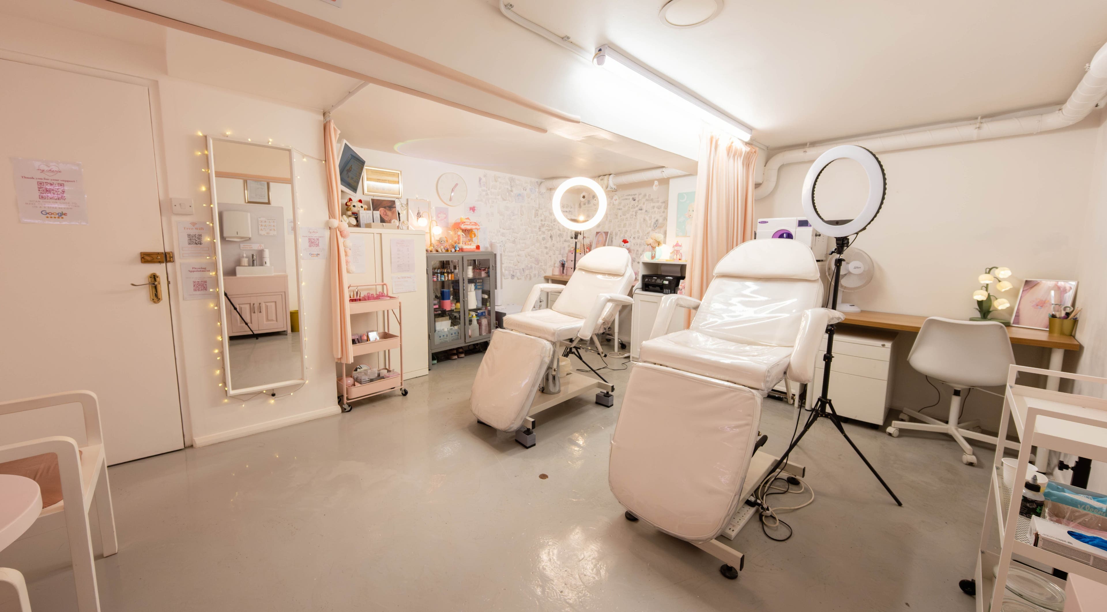 Modern treatment chairs in My Cherie Studio, a bright beauty space in London, England, GB.