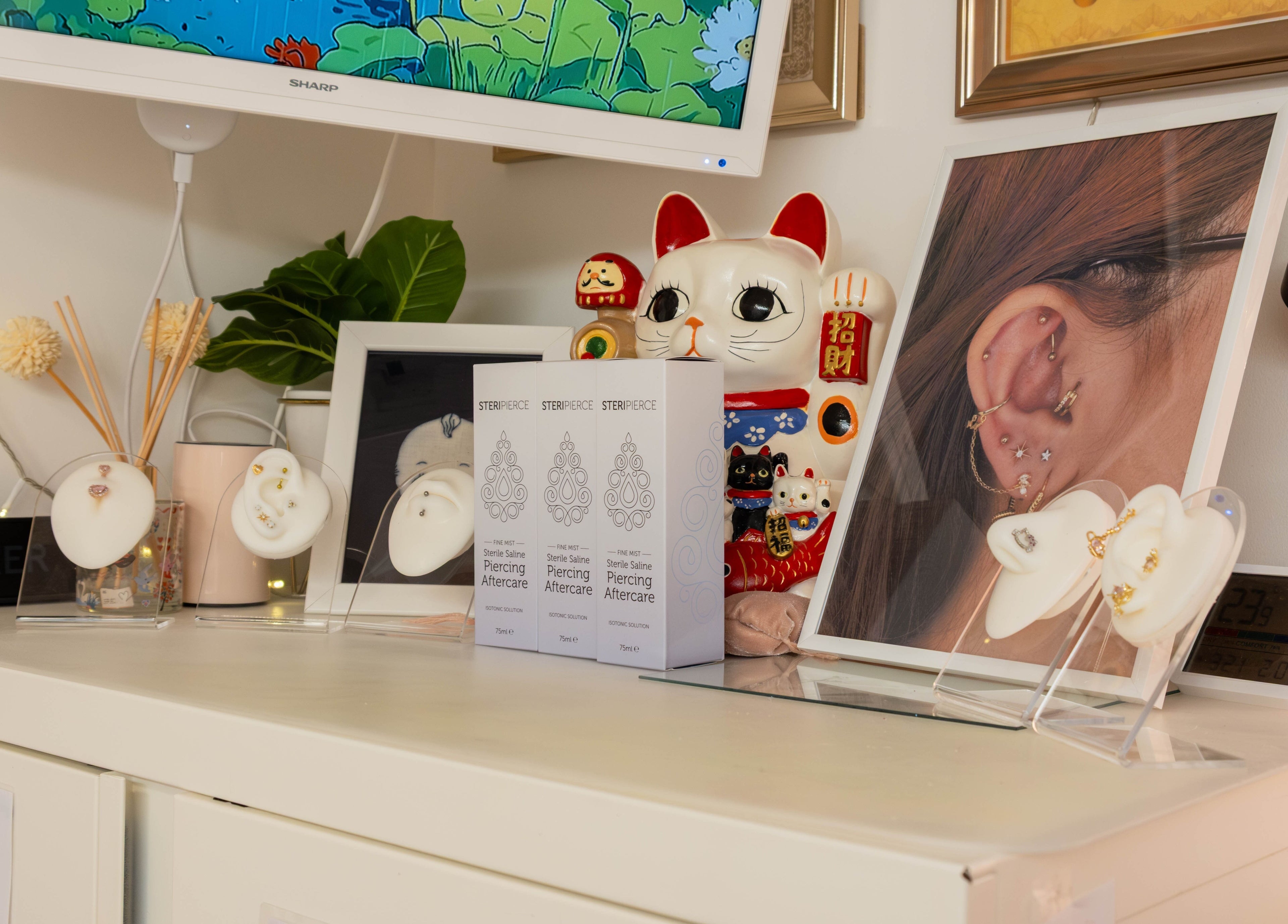 Elegant earring display at My Cherie Studio in London, England, GB showcasing stylish jewelry and decor.