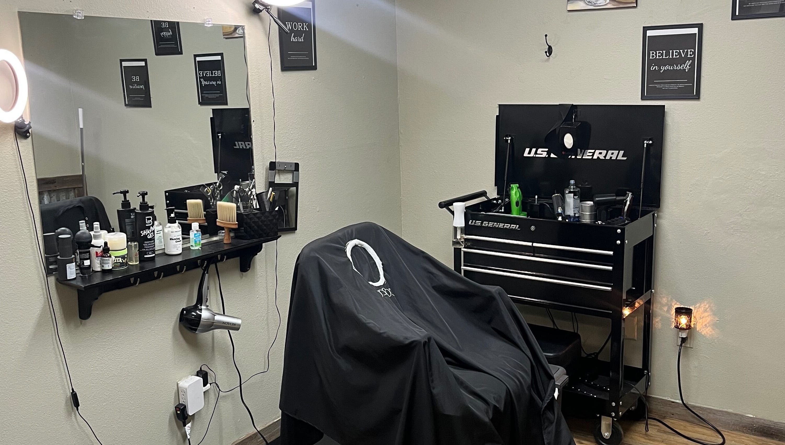 Cozy barbershop setup at Cutz & Fades with Kawone, Lone Grove, Oklahoma, US.