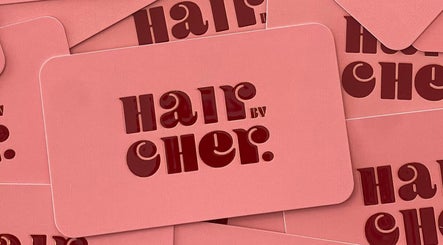 Stylish cards with 'Hair by Cher' logo, Mooloolaba, Queensland, AU. Vibrant, modern branding.