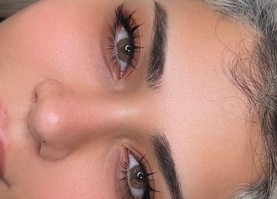 Close-up of beautifully groomed eyebrows and eyelashes at ArisoStudio, Chicago, Illinois, US.