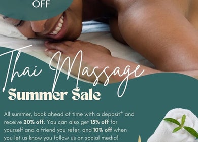 Relaxing summer sale at Jaiye Health Centre - Ajax Thai Massage, Ajax, Ontario, CA. Enjoy 20% off Thai massages.