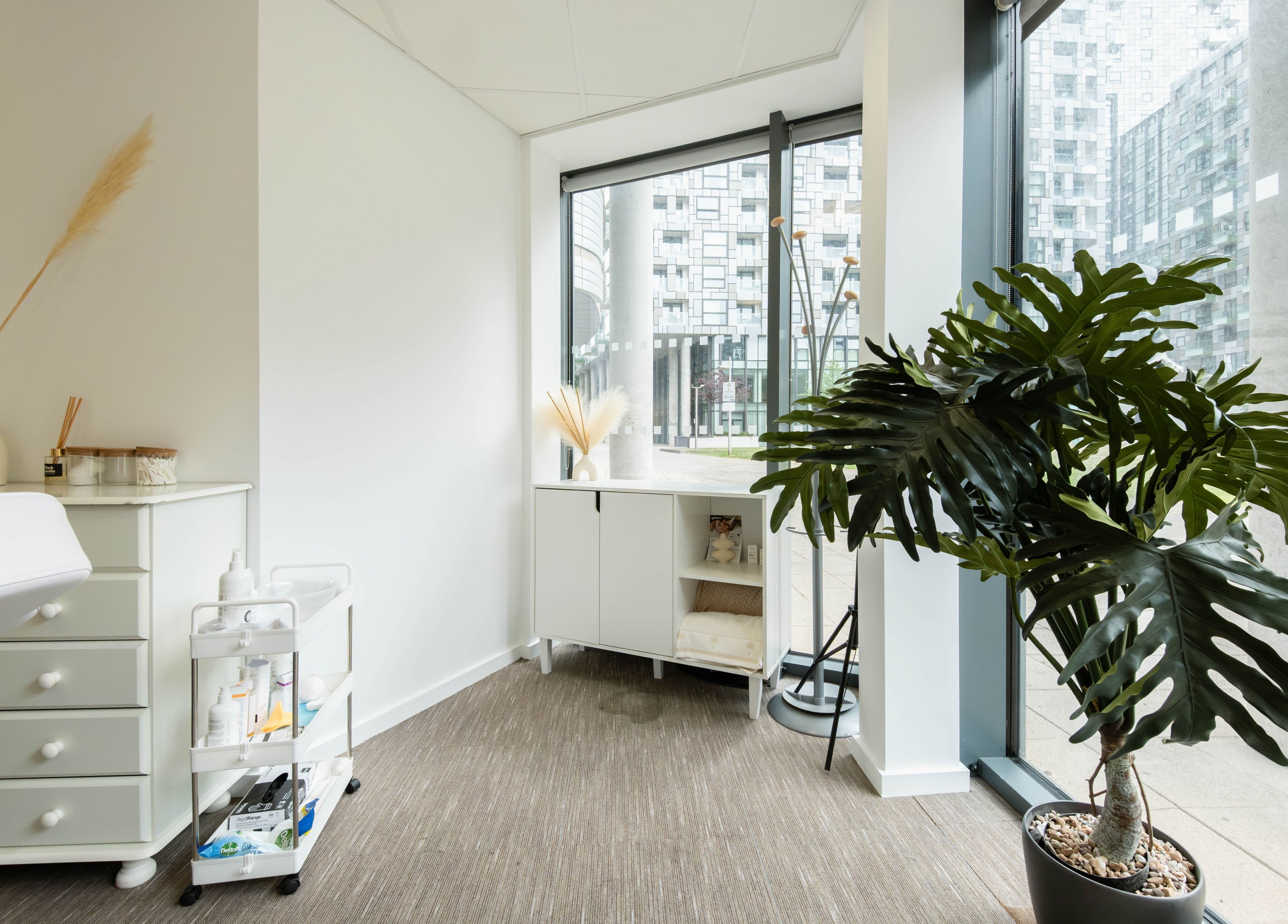 Bright, modern treatment room at Fazara Aesthetics, London E14 9DQ, England, GB, with lush plant decor.