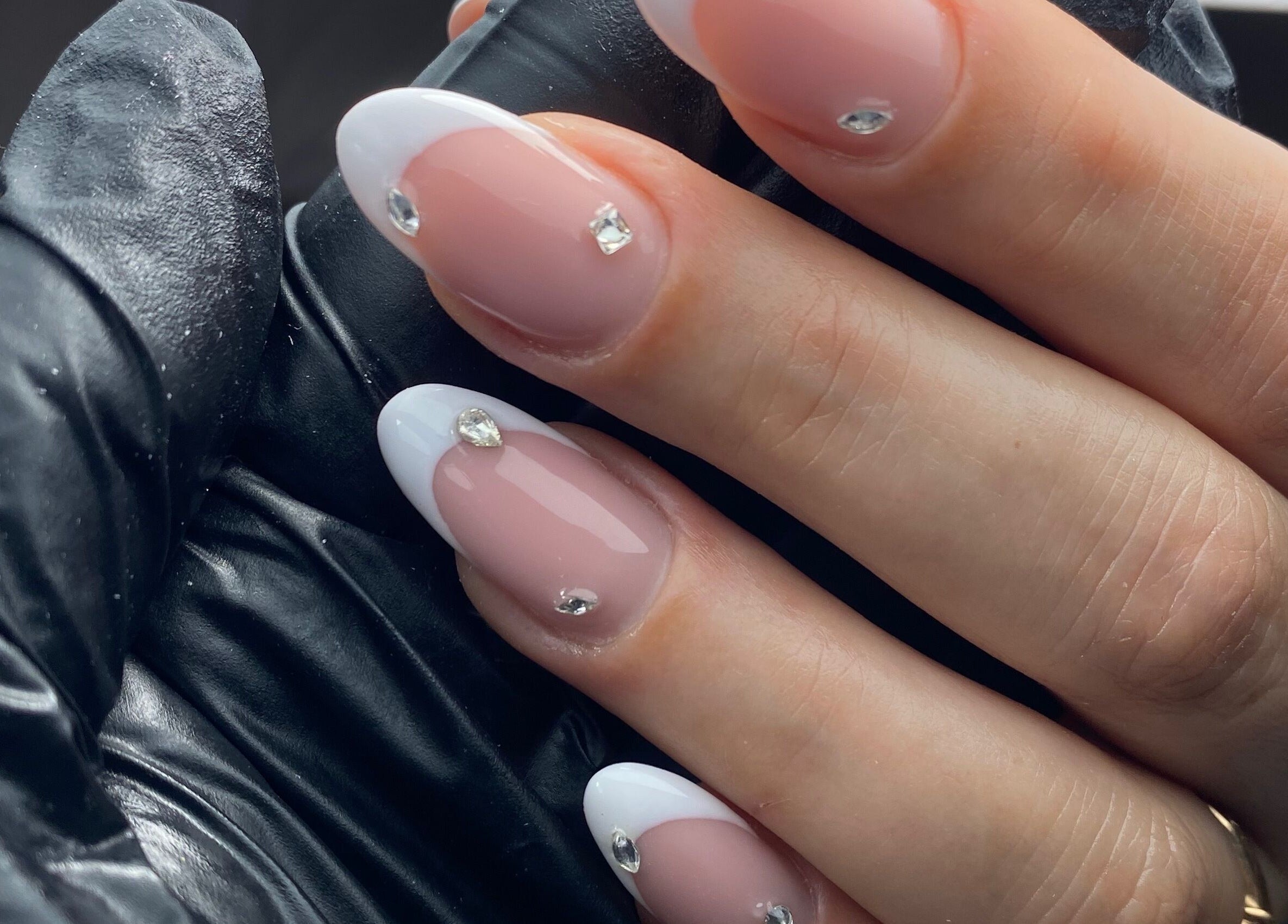 Elegant nail art with rhinestones at The Gel Society, Southport, Queensland, AU.