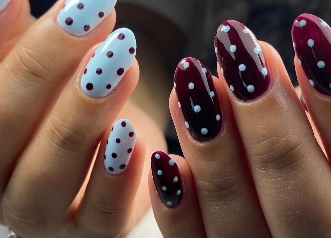 Elegant polka-dot nail art showcased at The Gel Society, Southport, Queensland, AU.