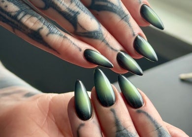 Stunning green-gradient nails with artistic tattoos at Khoi Pond Nails, Topsfield, Massachusetts, US.