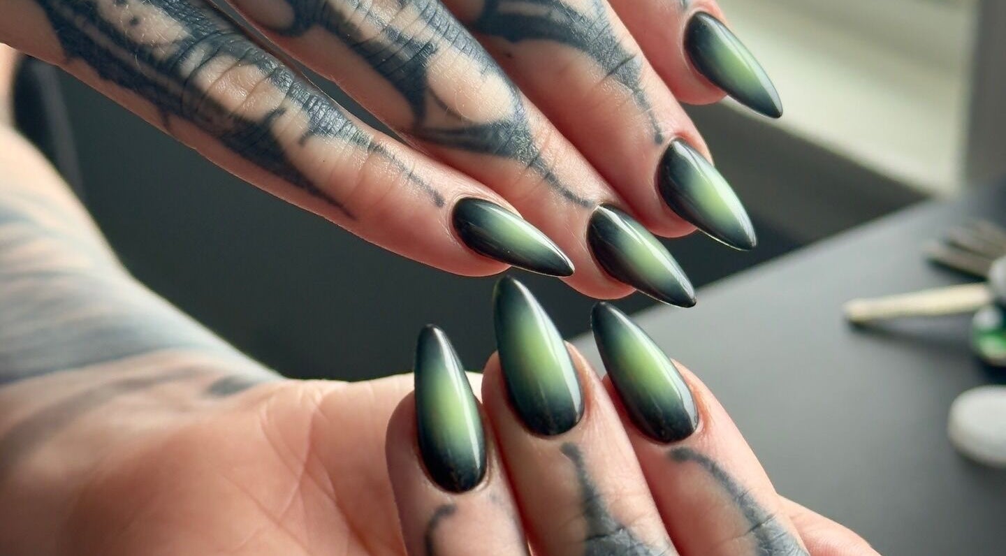 Stunning green-gradient nails with artistic tattoos at Khoi Pond Nails, Topsfield, Massachusetts, US.
