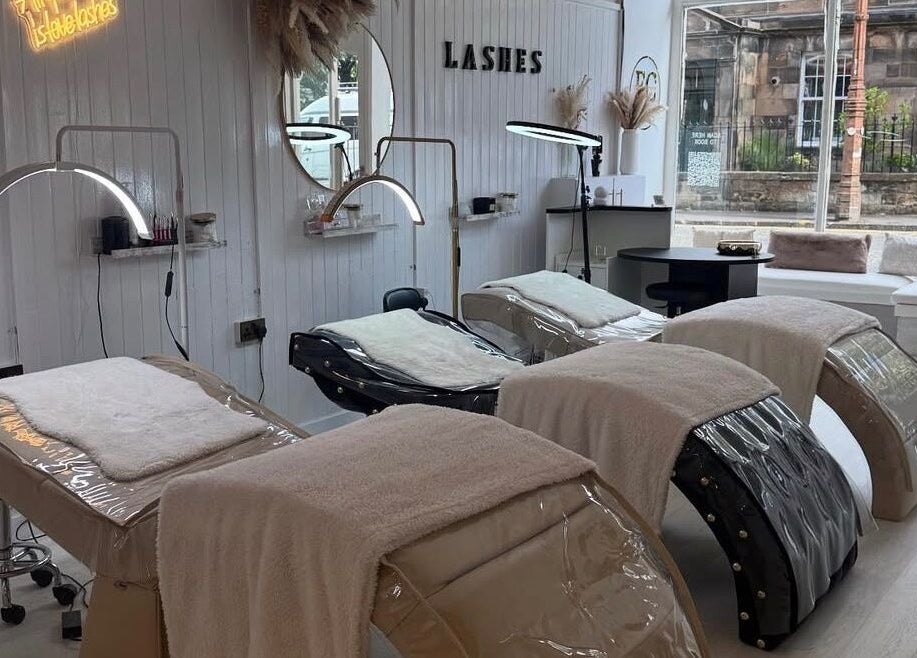 Lash treatment area at Got2 Blashed in Edinburgh, Scotland, GB with chic design and comfortable chairs.