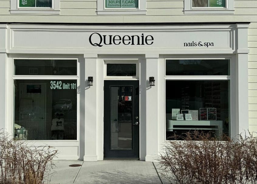 Exterior view of Queenie Nails & Spa in Frederick, Maryland, US showcasing its inviting entrance.