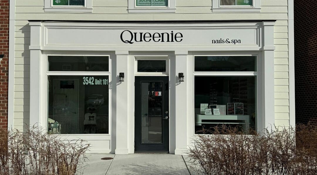 Exterior view of Queenie Nails & Spa in Frederick, Maryland, US showcasing its inviting entrance.