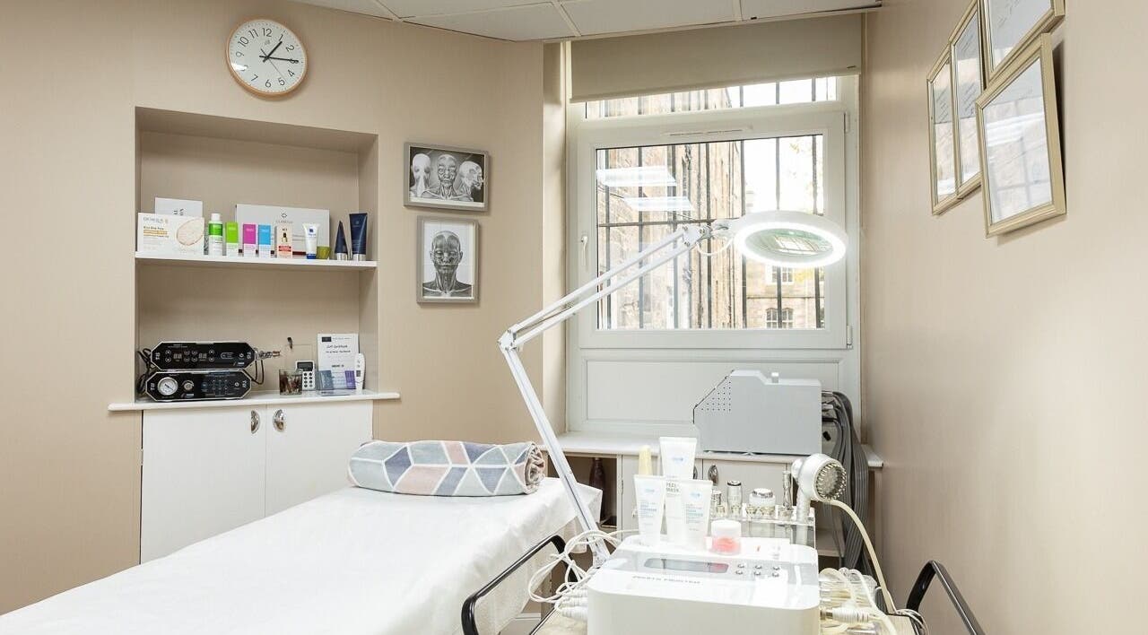 Amber Beauty Therapy treatment room with skincare products in Edinburgh, Scotland, GB.