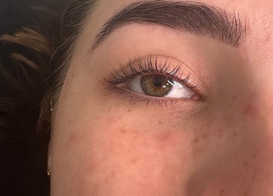 Close-up of enhanced eyebrow and lashes at Lashandbrowbar_gc, Hope Island, Queensland, AU.