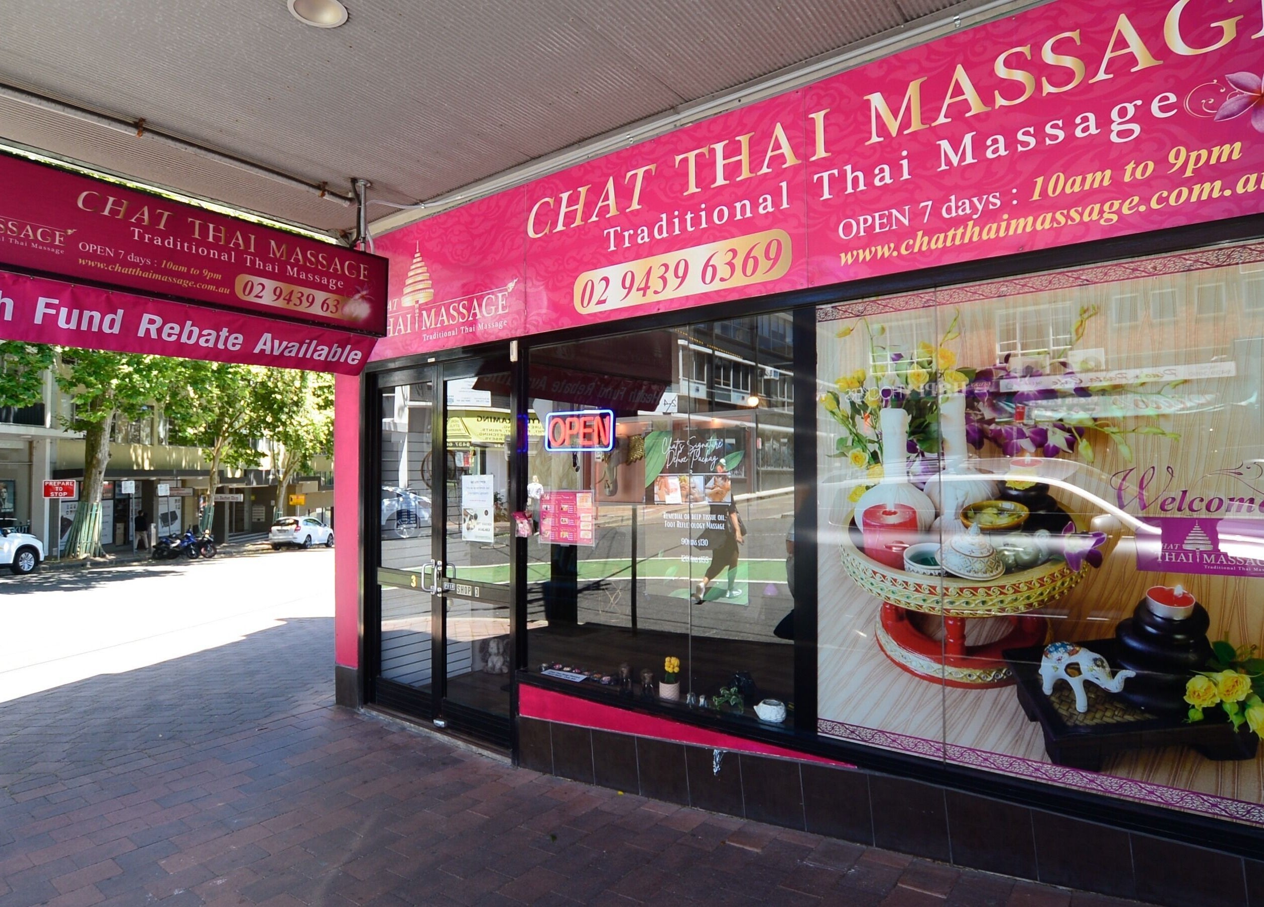 Front view of Chat Thai Massage, Crows Nest, New South Wales, AU with pink signage.