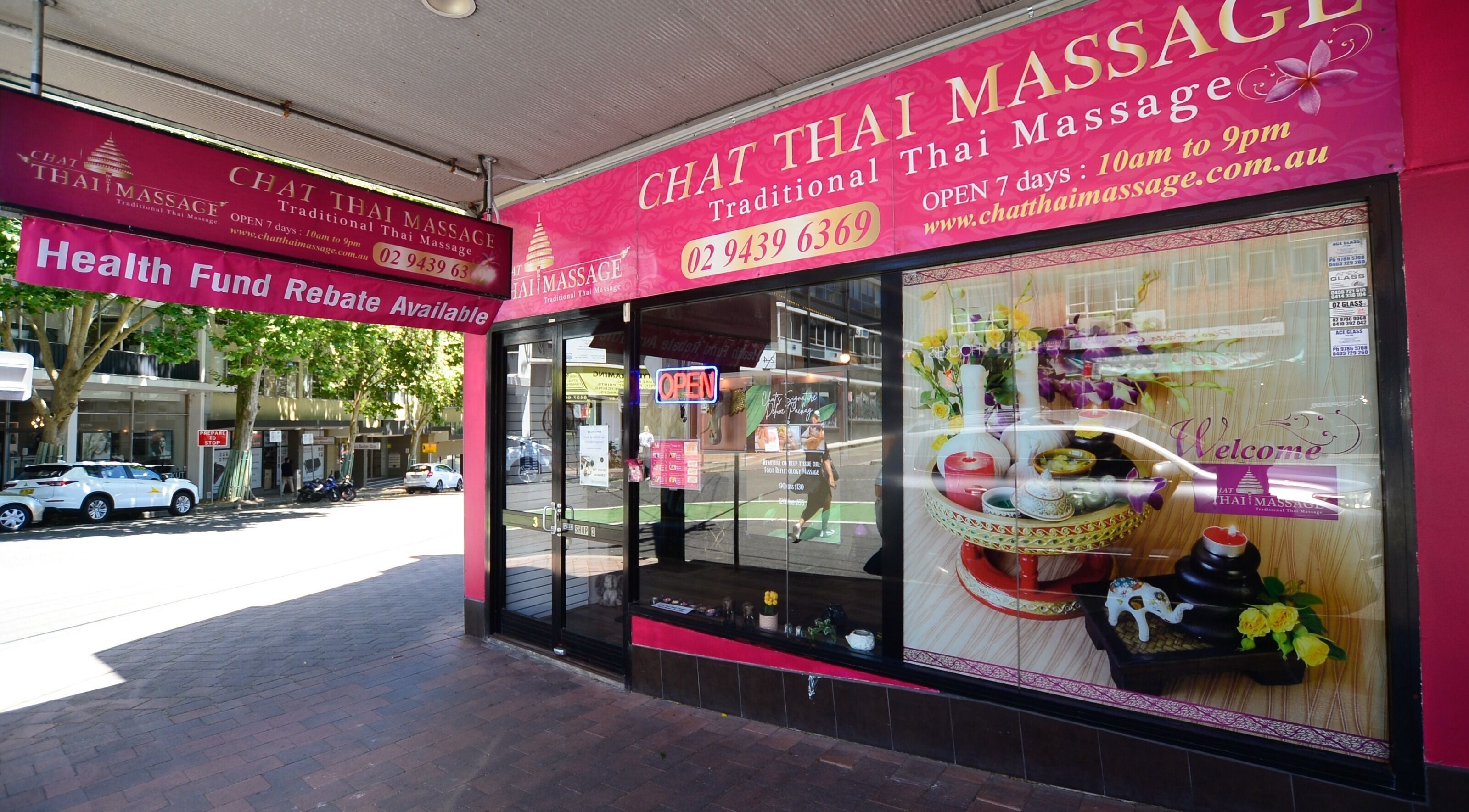 Front view of Chat Thai Massage, Crows Nest, New South Wales, AU with pink signage.